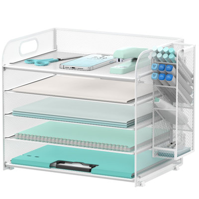 5 Tier Desk Organizer With Handle & Removable Pen Holders, Mesh Paper/File Organizer For Desk, Pink