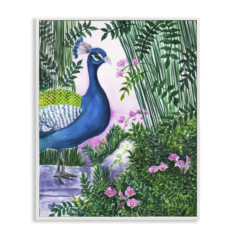 Paon en rose noir, estampe numérique, design par Sarah Waldron Kimball, H 20 po x l 16 po, Giclée encadrée blanc bord de mer