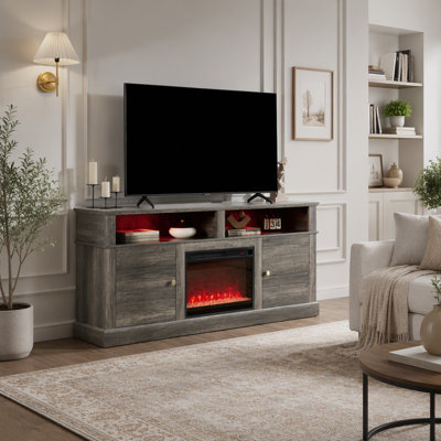Meuble télé moderne avec foyer électrique intégré et rangement pour le salon.