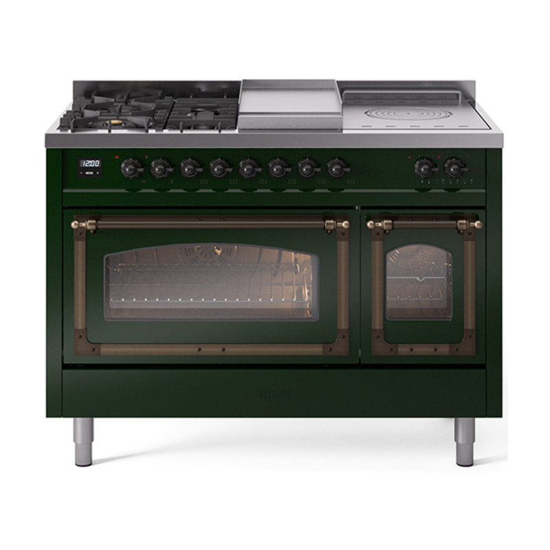 ILVE Nostalgie II Series Noblesse 48 inch Dual Fuel Range 5 Sealed Burners, Griddle, Frenchtop (Glass Door), Emerald Green
