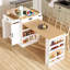 Console d'îlot extensible avec tiroirs, armoire à deux portes et tablettes ouvertes. Sert de table de salle à manger