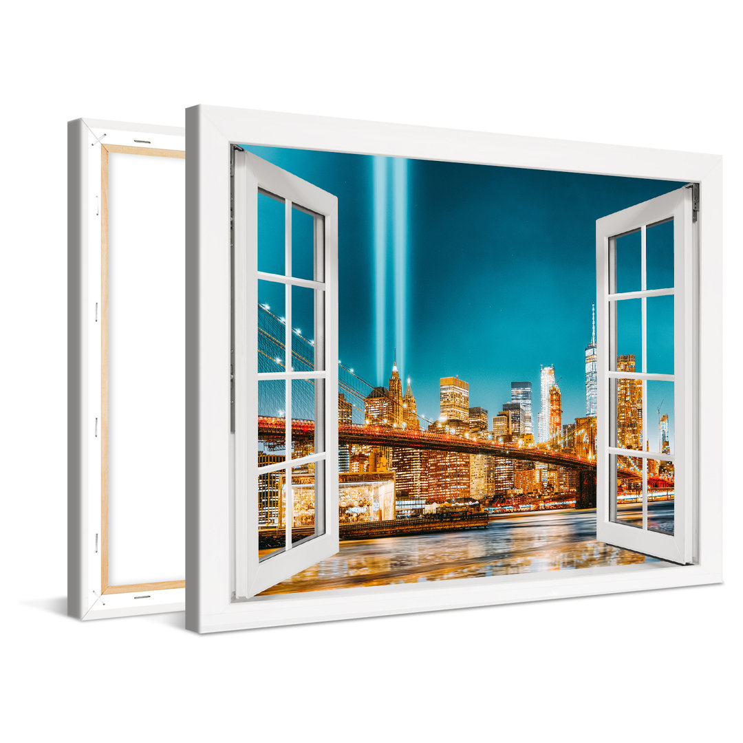 Leinwandbild New York Manhattan Brooklyn Bridge At Night Fenster 100X75cm – Premium Leinwanddruck – Kunstdruck Auf 2Cm H...