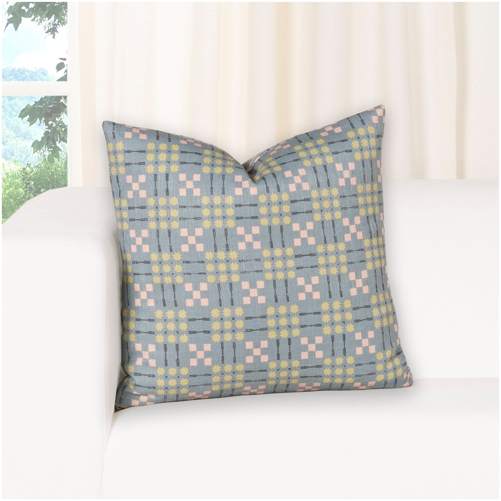 Gridwork Geometric Accent Pillow, Green, Feather, Square 26"