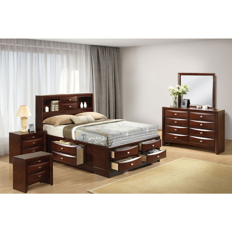 Lakiesha 6-Piece Bedroom Set, Queen, Brown, 5 Pcs: Bed, 2 Nightstands, Dresser, Mirror
