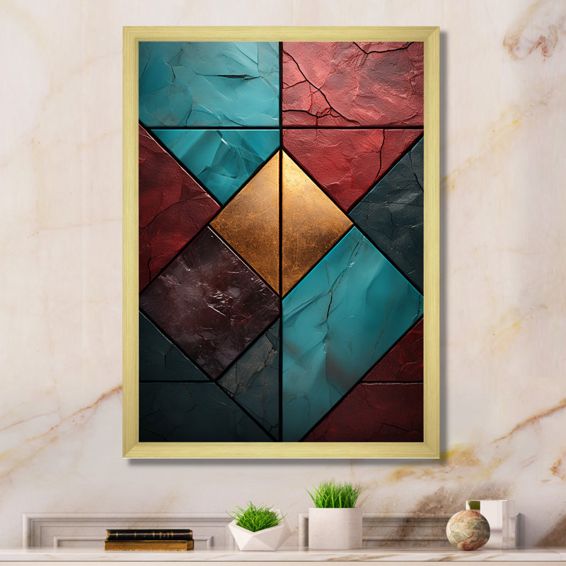 Carreaux de chevron bleus et rouges Elegance I - art mural abstrait, H 40 po x l 30 po x P 1,5 po, Encadrement doré