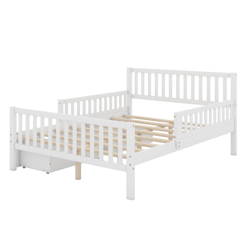 Storage Bed Frame For Kids, Wood Bed With 2 Drawers,Platform Bed With Guardrails On Both Sides For Kids, Girls, Boys, White