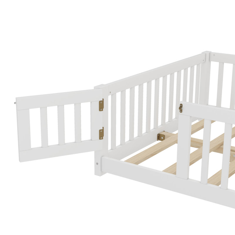 Lit double sur pied Montessori avec porte et barrière de sécurité, gris, Lit double, Gris