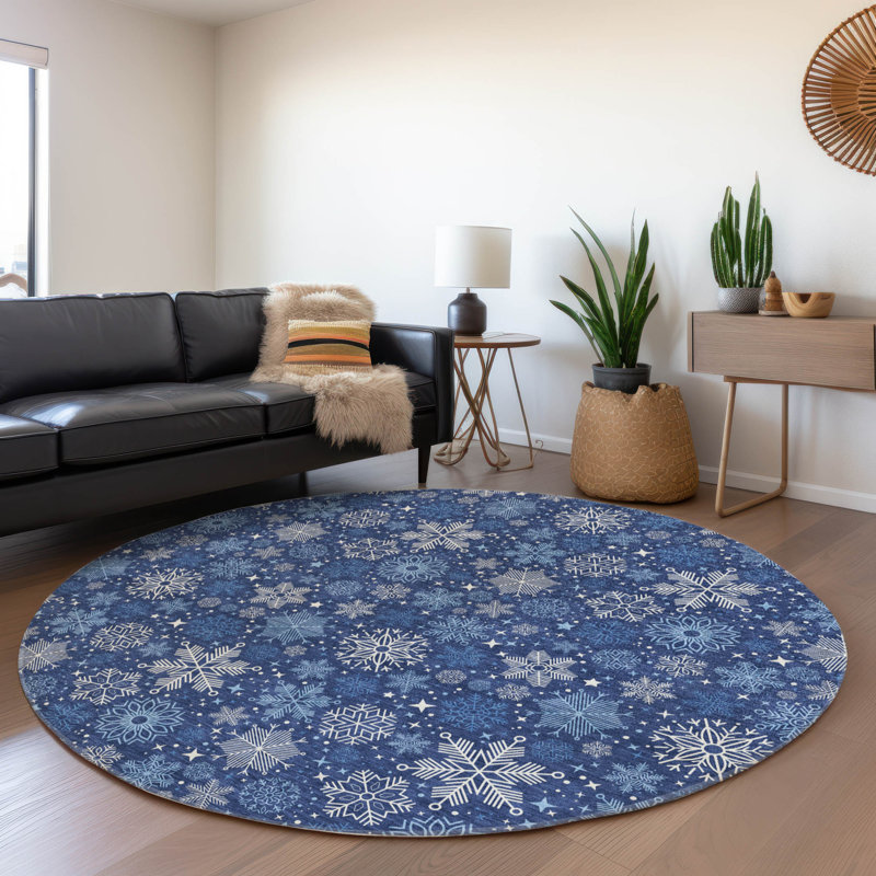 Machine Washable Indoor/Outdoor Christmas Snowflake Xhevrie Navy Rug, Round 8'