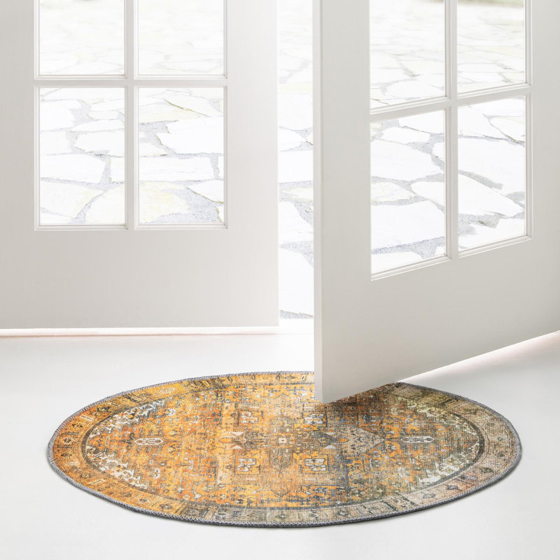 Tapis transitionnel de couleur jaune-ivoire, Rond 3 pi 6 po