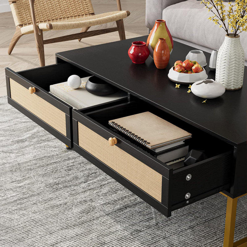 Table basse multifonctionnelle en rotin, Noir, noir, noir, noir, Doré