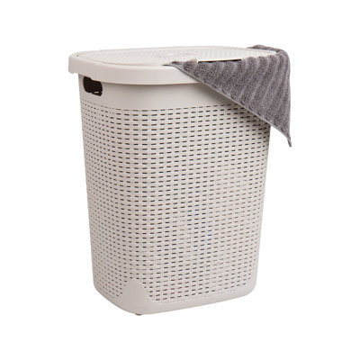  50L Slim Laundry Hamper, Clothes Basket, Lid, Wicker Design, Plastic