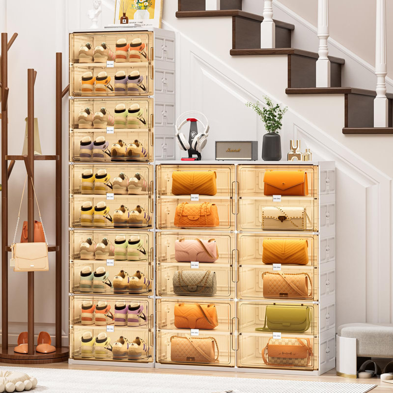  Range-chaussures pliable moderne à 10 niveaux avec portes magnétiques, rangement blanc pour vestibule ou garde-robe, 10