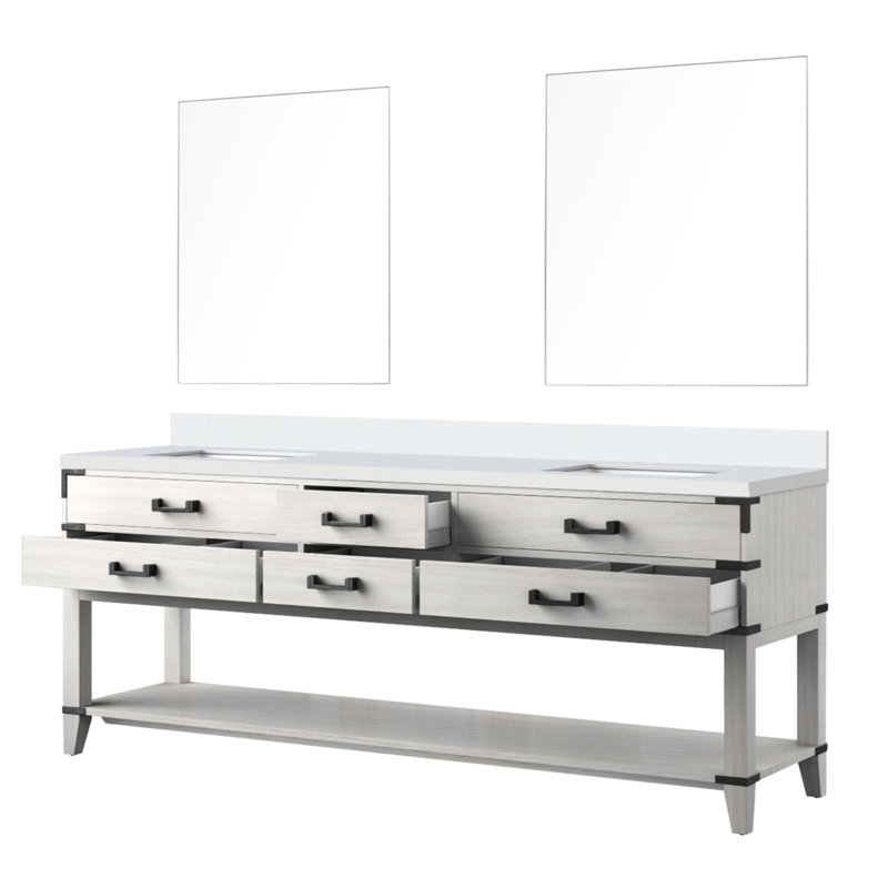 Meuble-lavabo double en chêne blanc l 84 po x P 22 po avec plateau en marbre de culture et miroirs 36 po