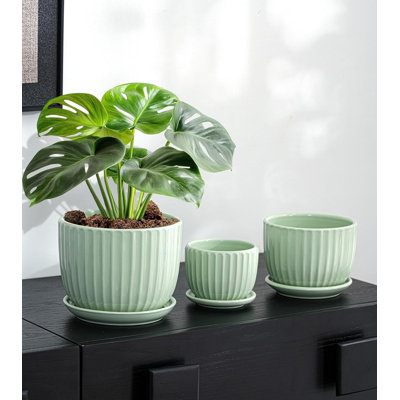 Ceramic Flower Pots Set Of 3 (4/5/6 Inch) Light Green