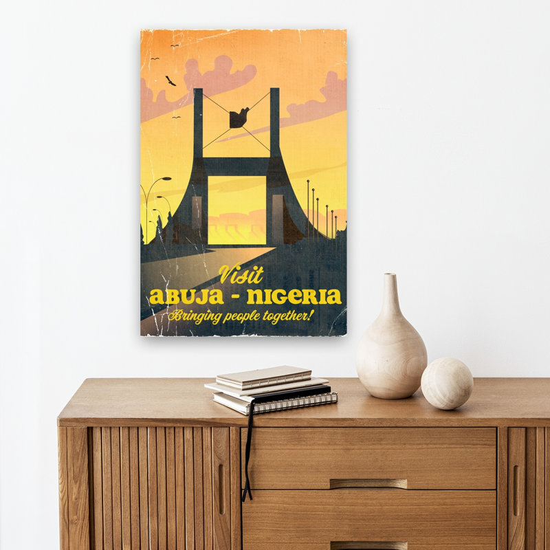 Affiche murale vintage Nigeria Gateway Sunset, style rétro vintage, avec oiseaux abstraits et coucher de soleil sur la ville.