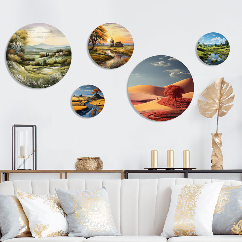 Paysage champêtre de Provence - campagne, ensemble d'art mural rond sur 5