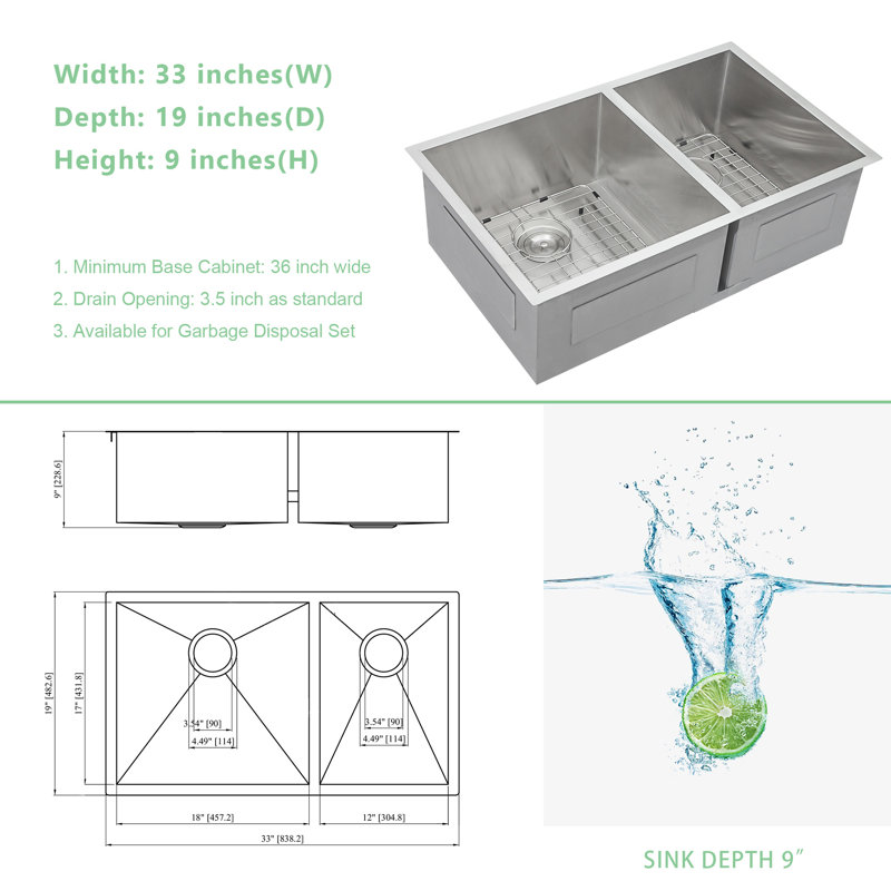 33"L x 19"W Undermount 16 Gauge Stainless Steel Kitchen Sink 60/40 Double Bowl Sink with Accessories, 32" L x 18" W