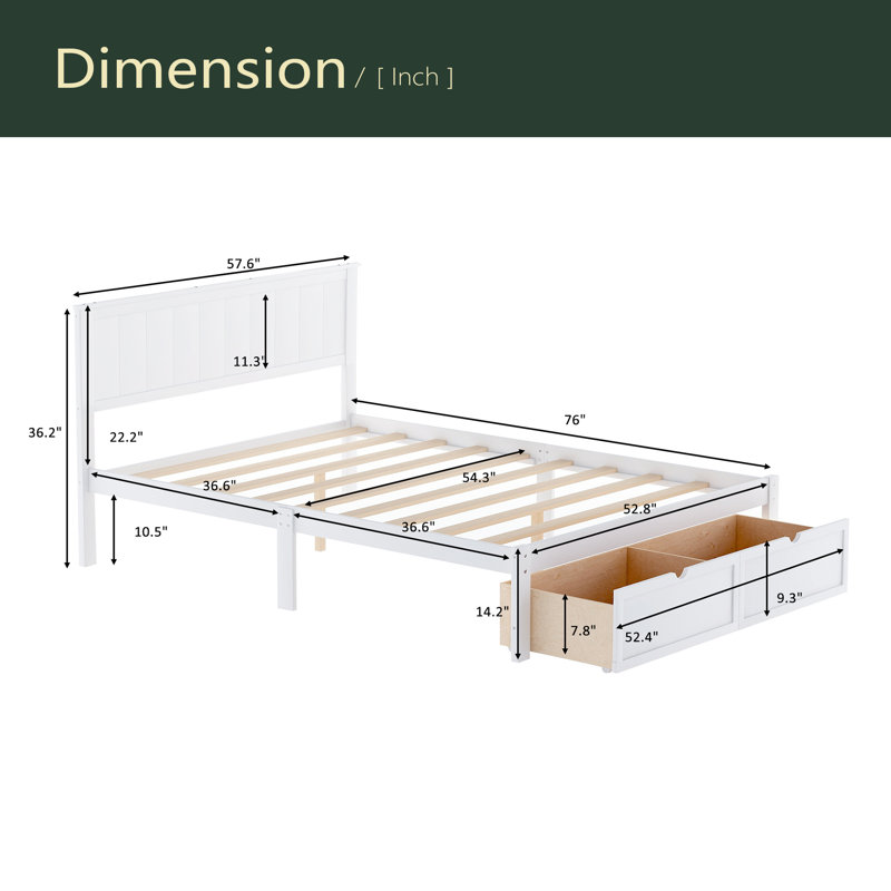 Lit plateforme avec tiroirs sous le lit, Lit double
