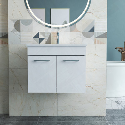 Meuble-lavabo mural avec lavabo double et charnières à fermeture en douceur