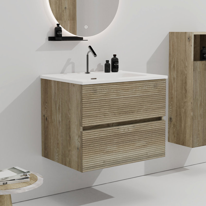 Meuble-lavabo flottant en chêne brut de 24 po avec lavabo à débordement, 20% de rangement en plus, glissières de tiroir silencieuses, conception élégante à poignée, tiroirs doubles intégrés aux planches de catégorie E1 pour un style à fermeture en douceur, et