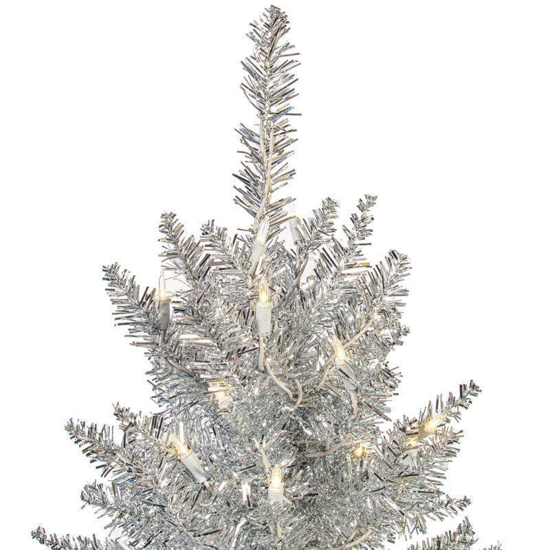 3' Silver Tinsel Fir Artificial Christmas Tree with 100 LED Clear/White Lights with Stand, 3'