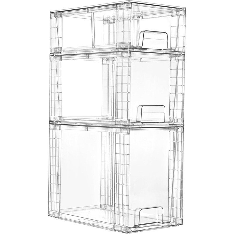 3 Pack Clear Stackable Storage Drawers, Storage with handles, Plastic storage drawers for Kitchen Pantry, Under Sink Organization, Acrylic