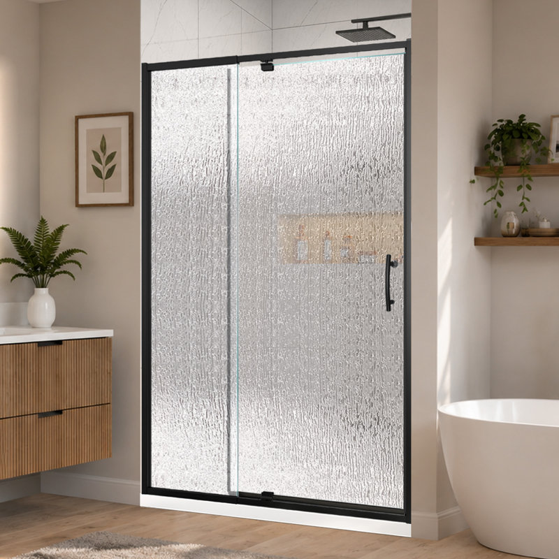 44-48 in. W x 71 in. H Pivot Semi-Frameless Sliding Shower Door in Matte Black with Rain Glass, Matte Black, Rain