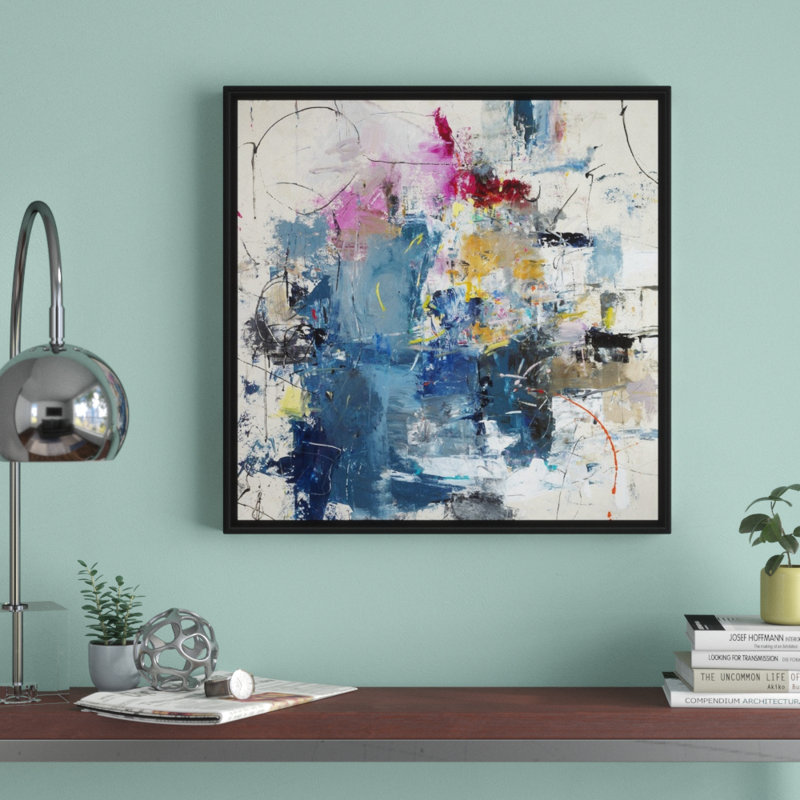 « justified play time », peinture sur toile, H 21,7 po x l 21,7 po x P 1,75 po, Cadre flottant noir
