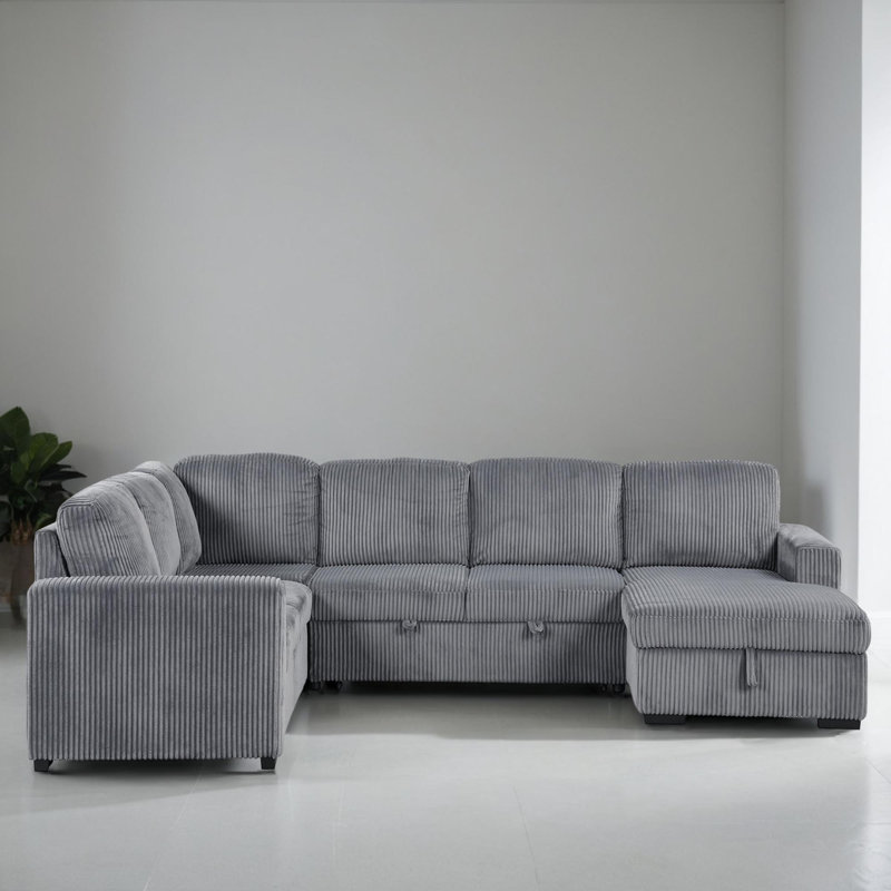 117" Upholstered Pull-Out Sleeper Sectional Chaise with Storage, Gray Corduroy