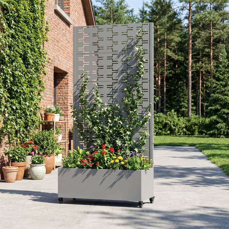 Boîte à fleurs en métal galvanisé avec treillis Forson, H 72 po x l 35 po x P 16 po, Gris