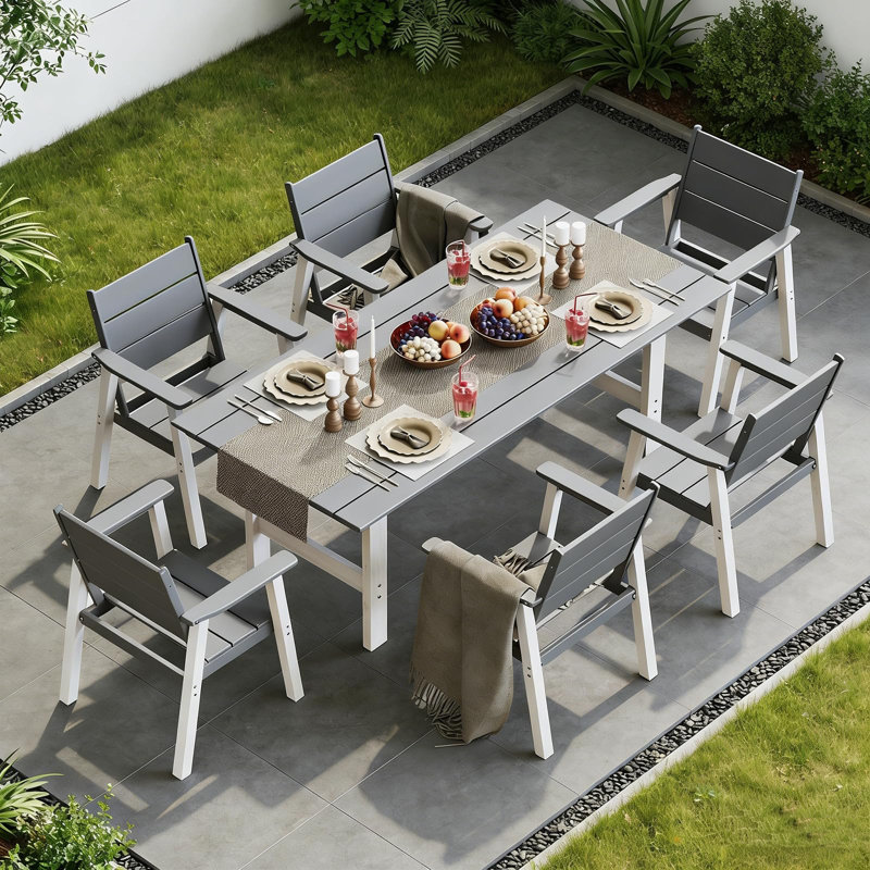  Ensemble repas 7 pièces rectangulaire avec fauteuils, trou de parasol, blanc et gris 7 pièces, Gris
