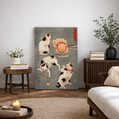 Illustration de chats japonais Ukiyo-e, reproduction de scène de chat rétro, impression sur toile encadrée