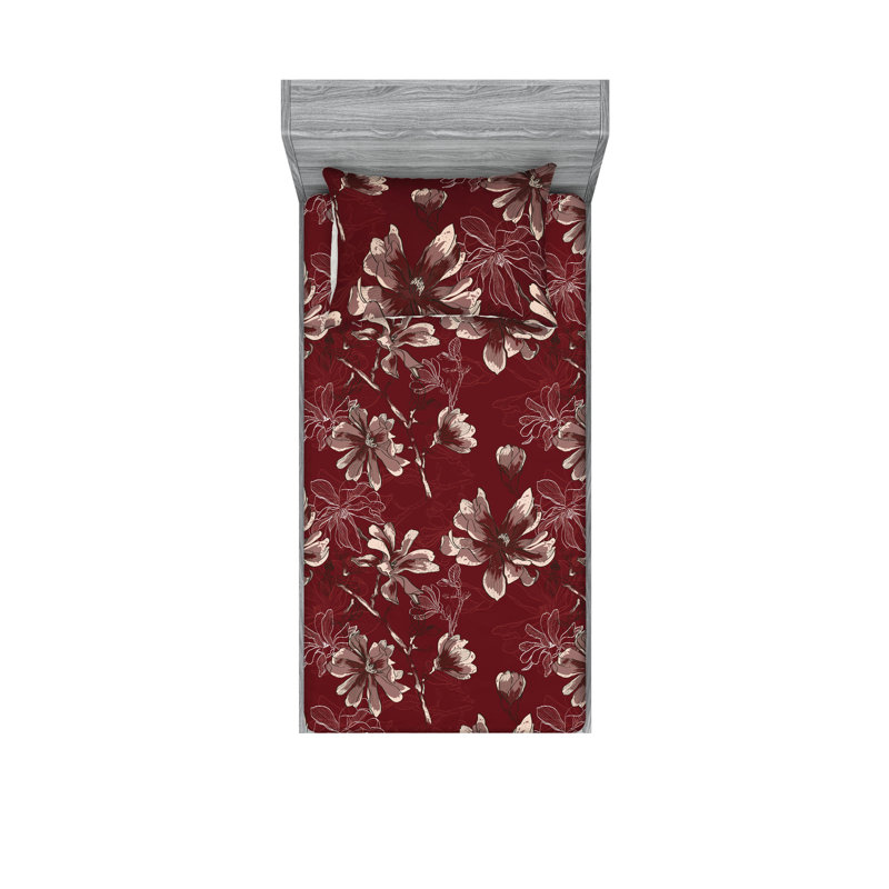Ambesonne Fitted Sheet & Sham Spring Magnolia Sketch Dimgray Burgundy, Twin Sheet Set with 1 Pillowcase