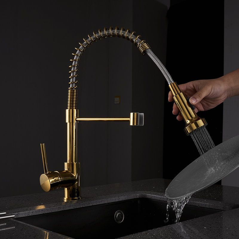 Robinet de cuisine commercial doré fascinant avec douchette extractible, poignée unique, bec pivotant à 360 degrés, garniture en céramique, design moderne, fonction de levier extractible ravissante, col de cygne rotatif, jet et