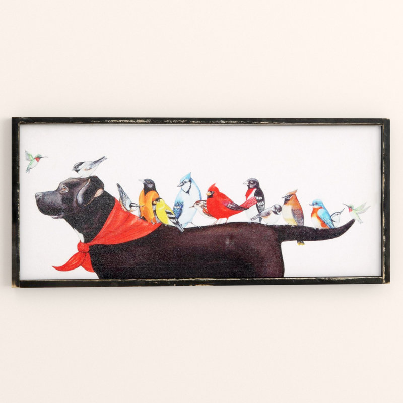 Javin Wood Framed Canvas Wall Decor with Birds on Dog