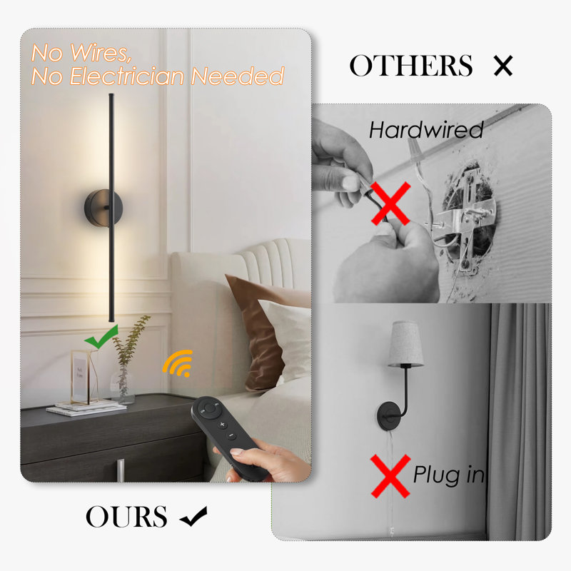 Battery Operated Wall Sconces With Remote Control, Led Wall Sconce With 350 Degree Rotation, Matte Black
