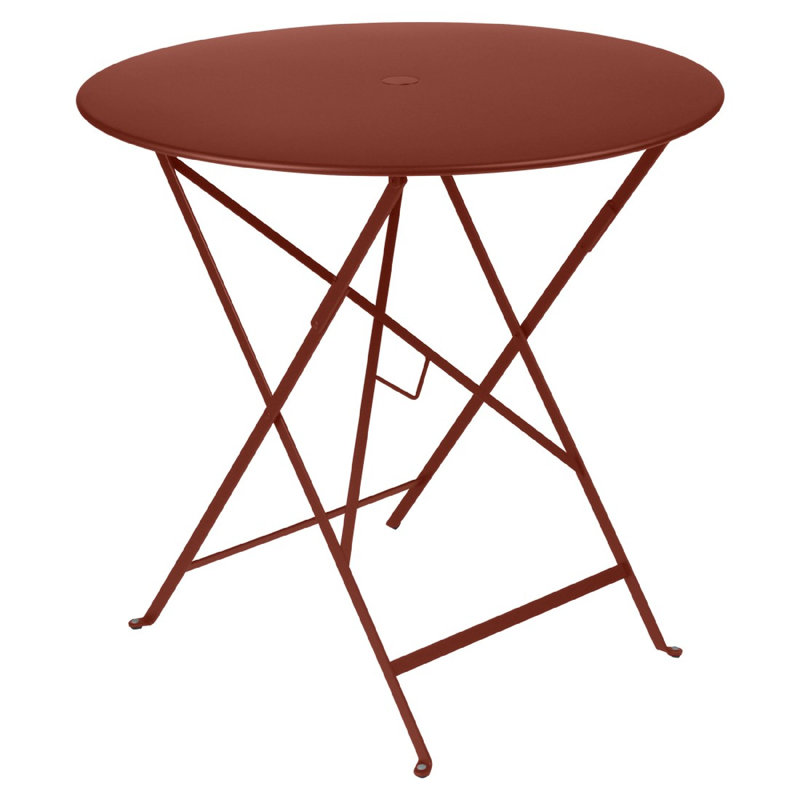 Bistro Round Metal Folding Outdoor Bistro Table With Umbrella Hole , in. W in. D, 29" H x 30.5" W x 30.5" L, Red Ochre