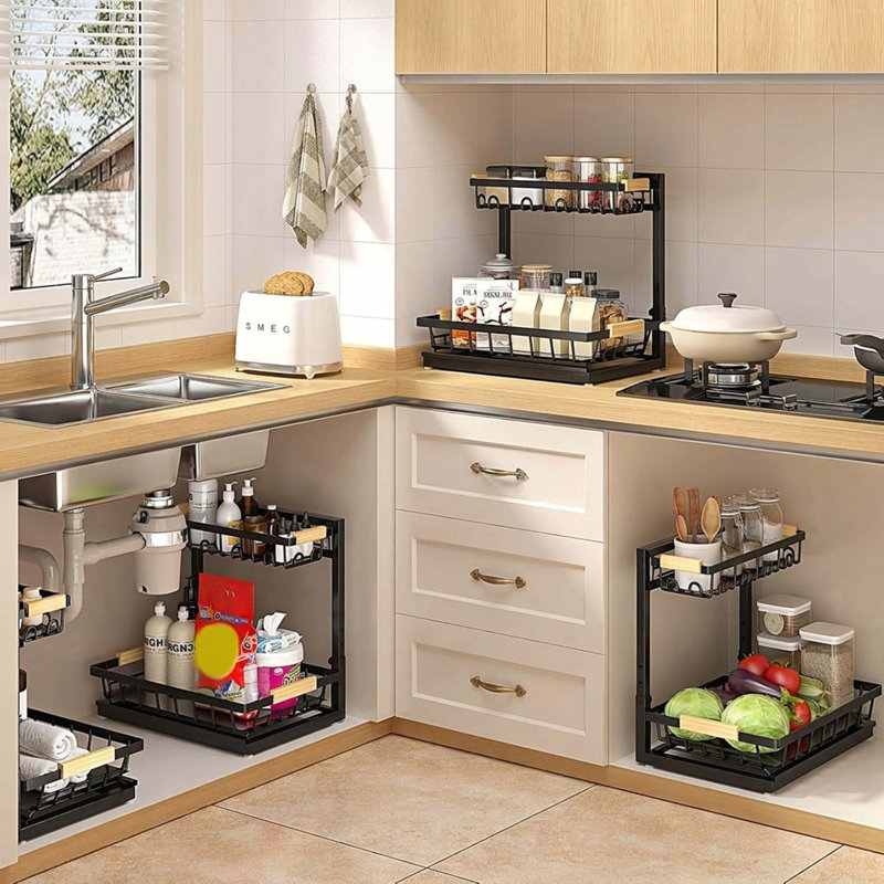 Ensemble de 2 tablettes de rangement à 2 niveaux réglables sous l'évier pour armoire de cuisine