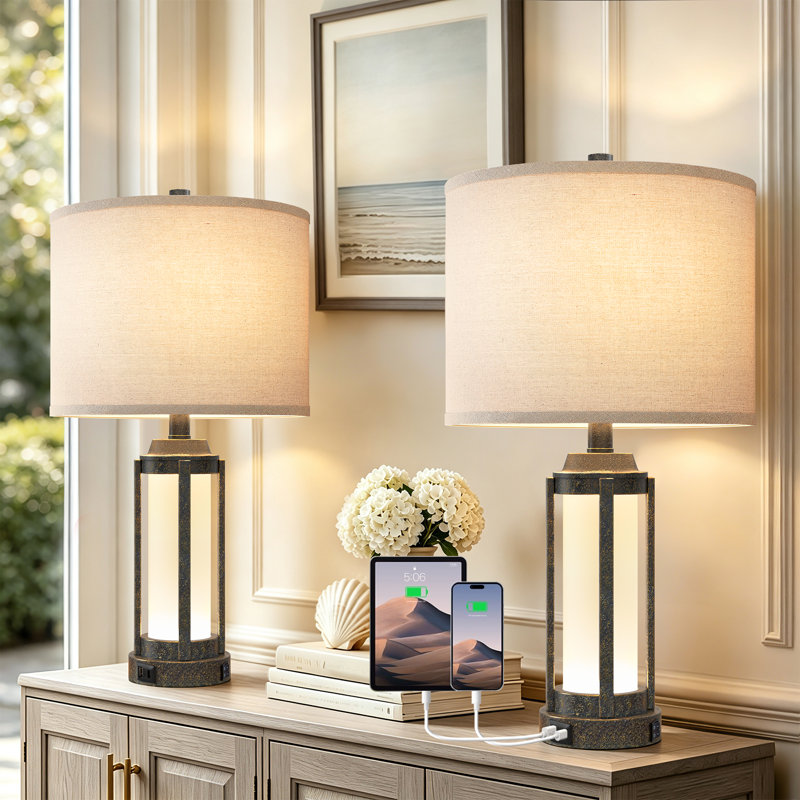 Lampe de table de style campagnard de 24 pouces en métal et verre avec veilleuse et ports USB de type C, Blanc antique
