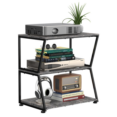 2-Tier Industrial Media Stand – Matte Black Metal Frame With Dark Grey Wood-Look Shelves, Open Storage For AV Equipment, Gaming Consoles & Decor