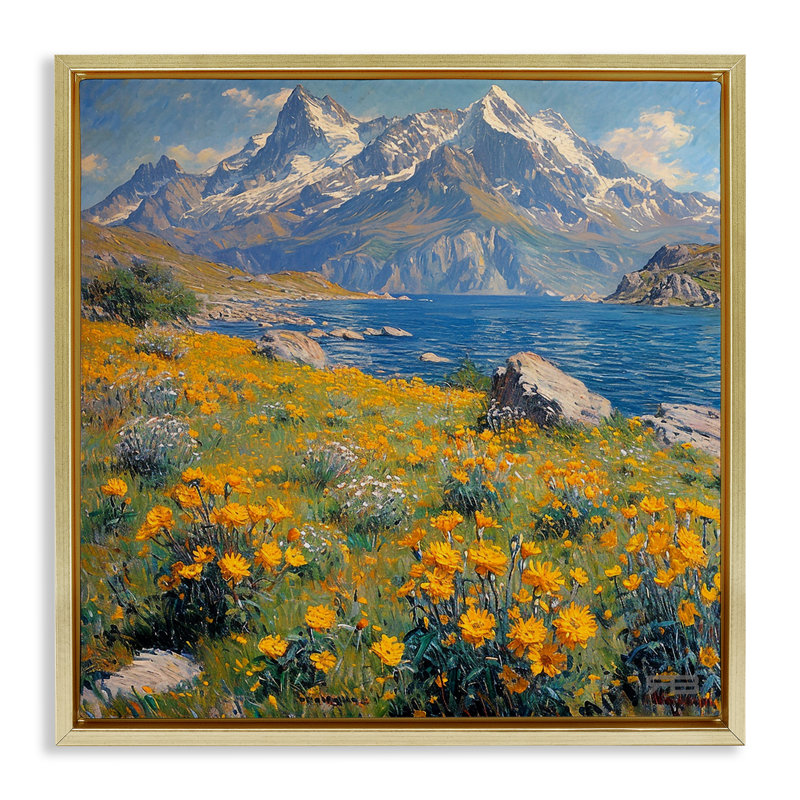 "Mountain Daisy Meadow", art mural sur toile flottante par Roozbeh Bahramali, H 18 po x l 18 po, Cadre flottant gris lustré