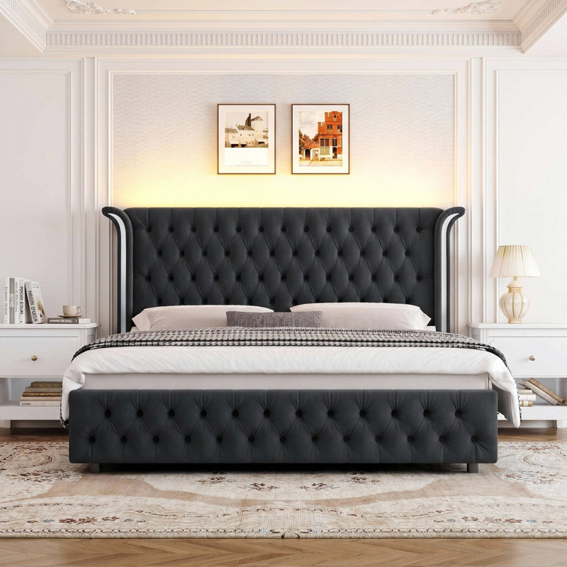 Ellaville Upholstered Wingback Bed with Raised Headboard, Queen, Black
