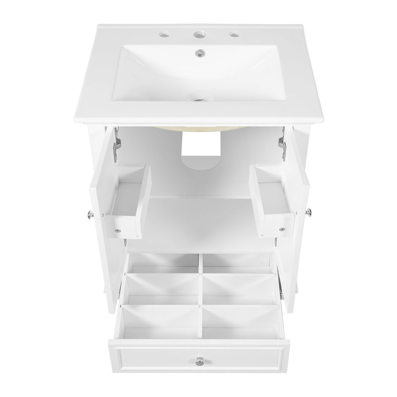 Meuble-lavabo 24 po avec lavabo en céramique, armoire de rangement avec portes à fermeture douce, armoire de salle de bain avec tiroir et séparateurs de tiroir