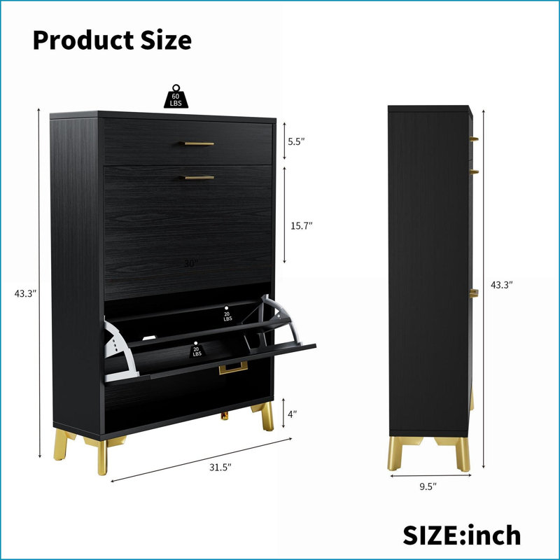Shoe Storage Cabinet for Entryway, 32x10x43in Freestanding Organizer with 2 Flip Drawers | Black | MDF, Black