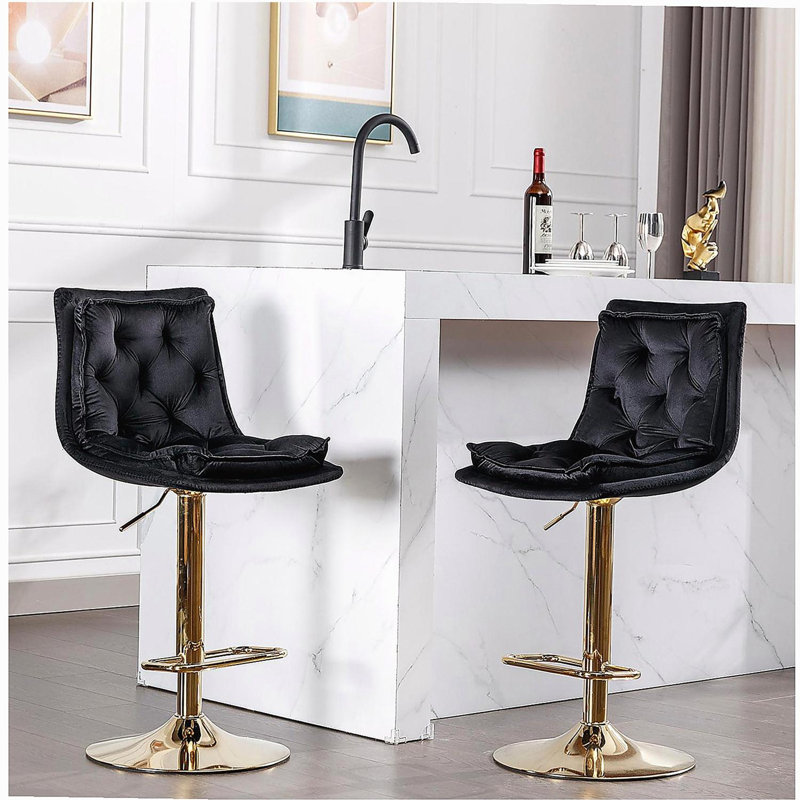 Ensemble de tabourets de bar, repose-pieds chromé et mécanisme de réglage de la hauteur pivotant avec velours, Noir