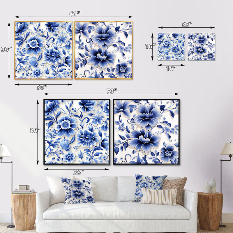 Ensemble de 2 collages carrés floraux en filigrane de style victorien bleu cobalt, H 16 po x l 33 po, Cadre flottant brun