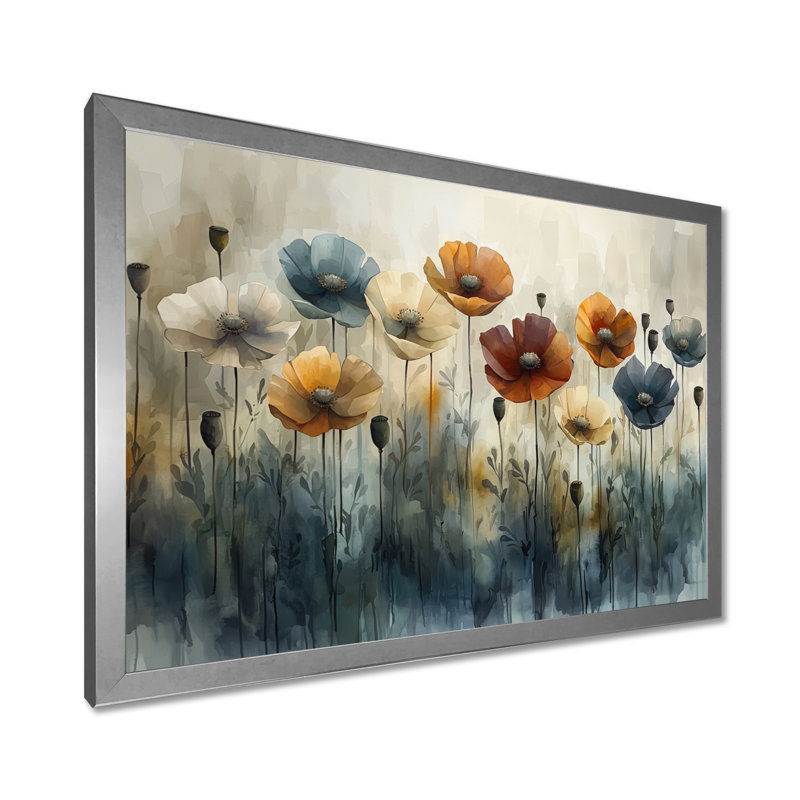 Hiver, minimalisme, coquelicots, champ I - coquelicots, art mural, H 34 po x l 44 po, Cadre simple argenté