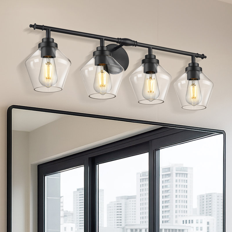 Luminaire pour salle de bain à 4 lumières avec abat-jour en verre transparent, noir, H 9,84 po x l 29,53 po x P 7,28 po