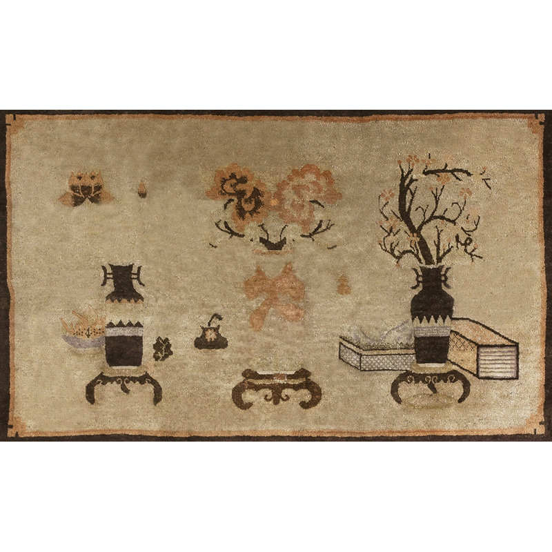 Brown Earth Tone Antique Hand Knotted Pile Chinese Baotou Rug