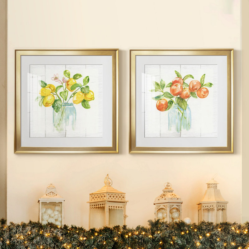 " Lemon Branches " 2 - Pieces, Gold Framed Paper, White, 18.5" H x 18.5" W x 1" D
